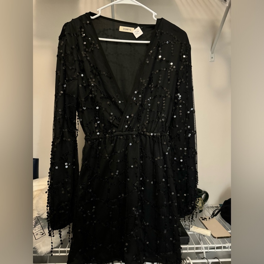 Black Sequin Long Sleeve Dress